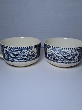 Vintage Royal China Currier & Ives Blue Horse & Buggy Teacups. Lot of Two